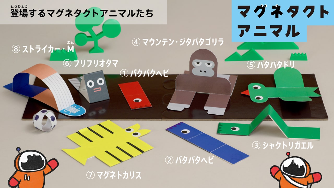 箱のなかみ:磁石(10枚)、ミニ磁石(12枚)、厚紙(14枚)、大きい厚紙、マグネタクトアニマルの型紙(5枚)、磁石ボードカバー(3枚)、磁石ボード(2枚)、シール